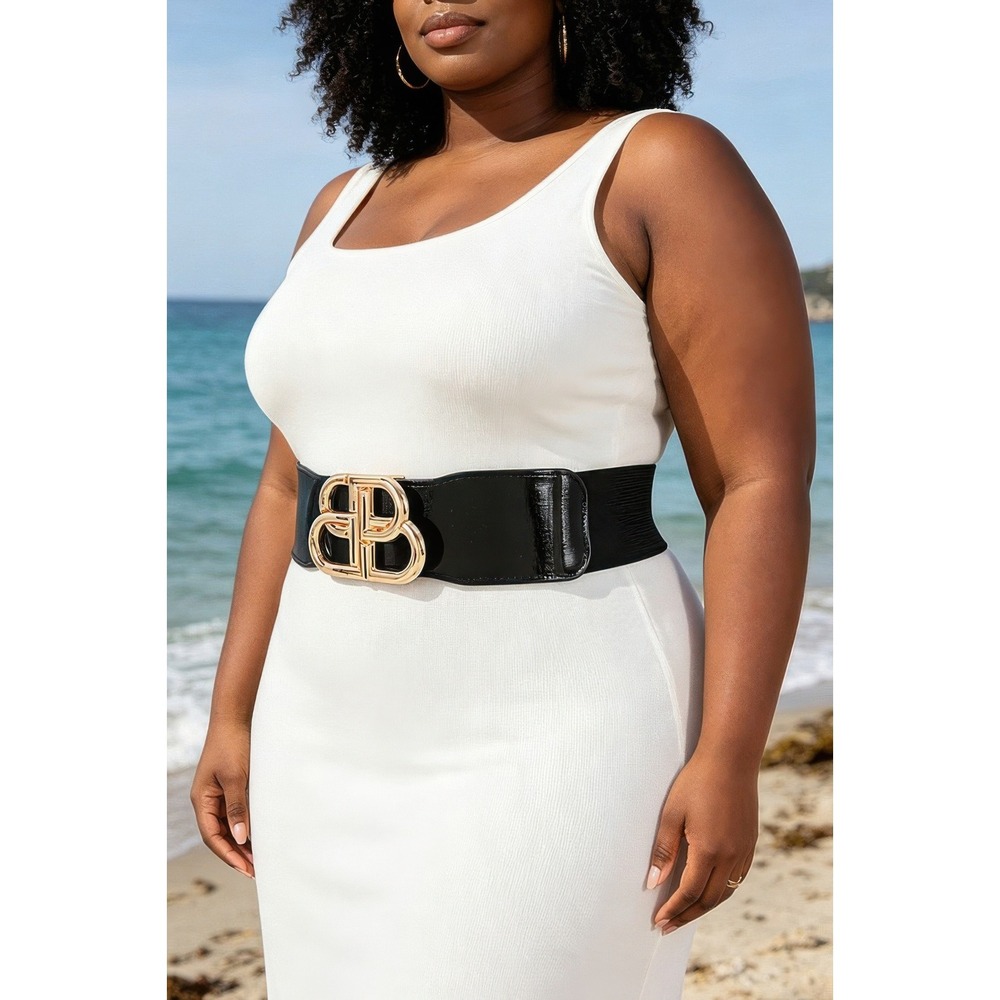 Plus Size Wide Elastic Belt Womens OS Black Gold Buckle Cinch Waist